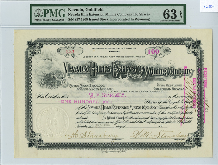 Nevada Hills Extension Mining Co. - Stock Certificate